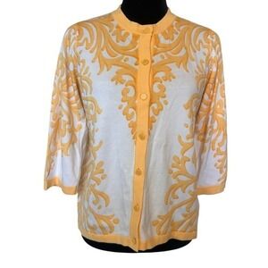NWT Bob Mackie Yellow and White Patterned Printed Cardigan Sweater Size XS